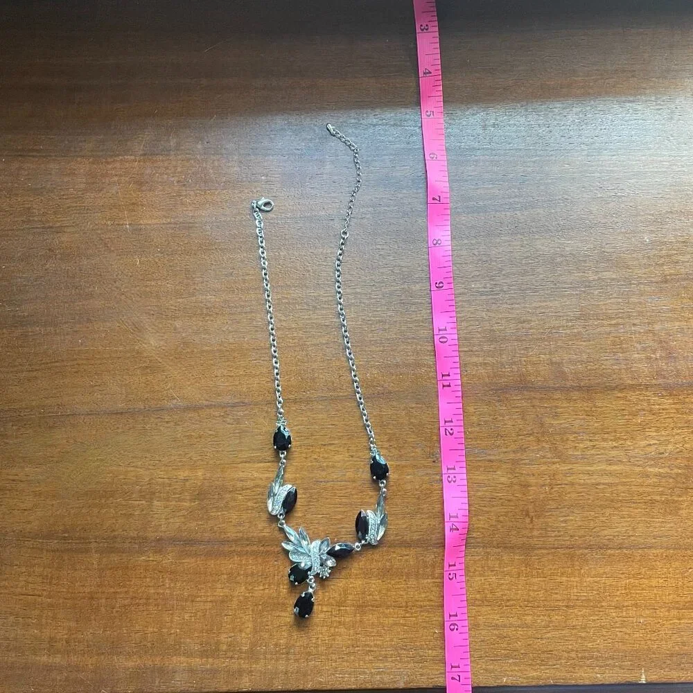 Black Stone and Silver Toned Necklace with Rhinestones